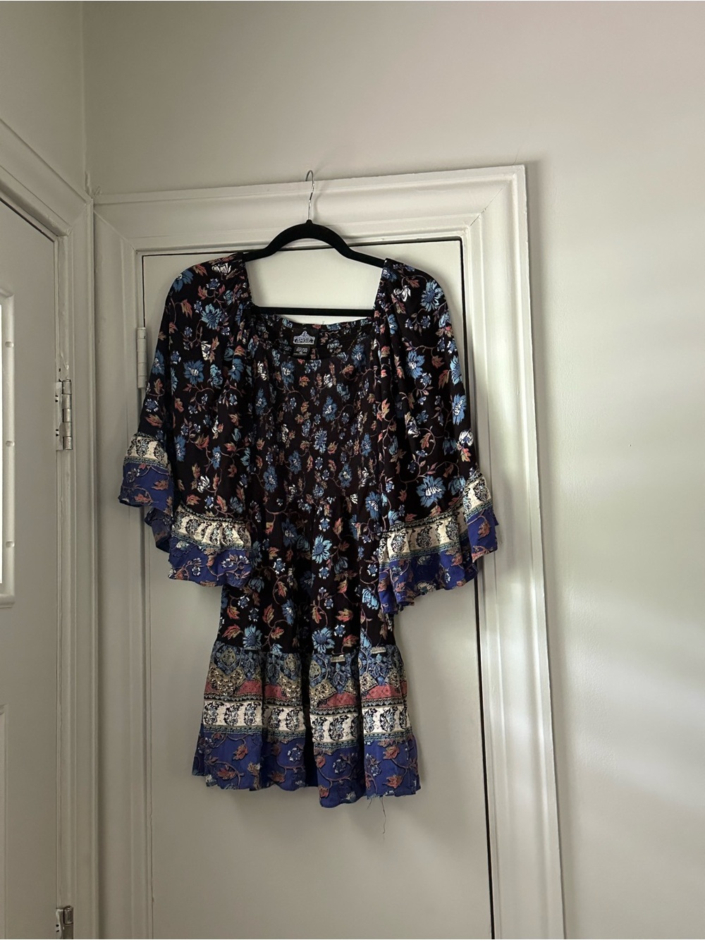 Boho Floral Peasant Dress in Black & Blue
